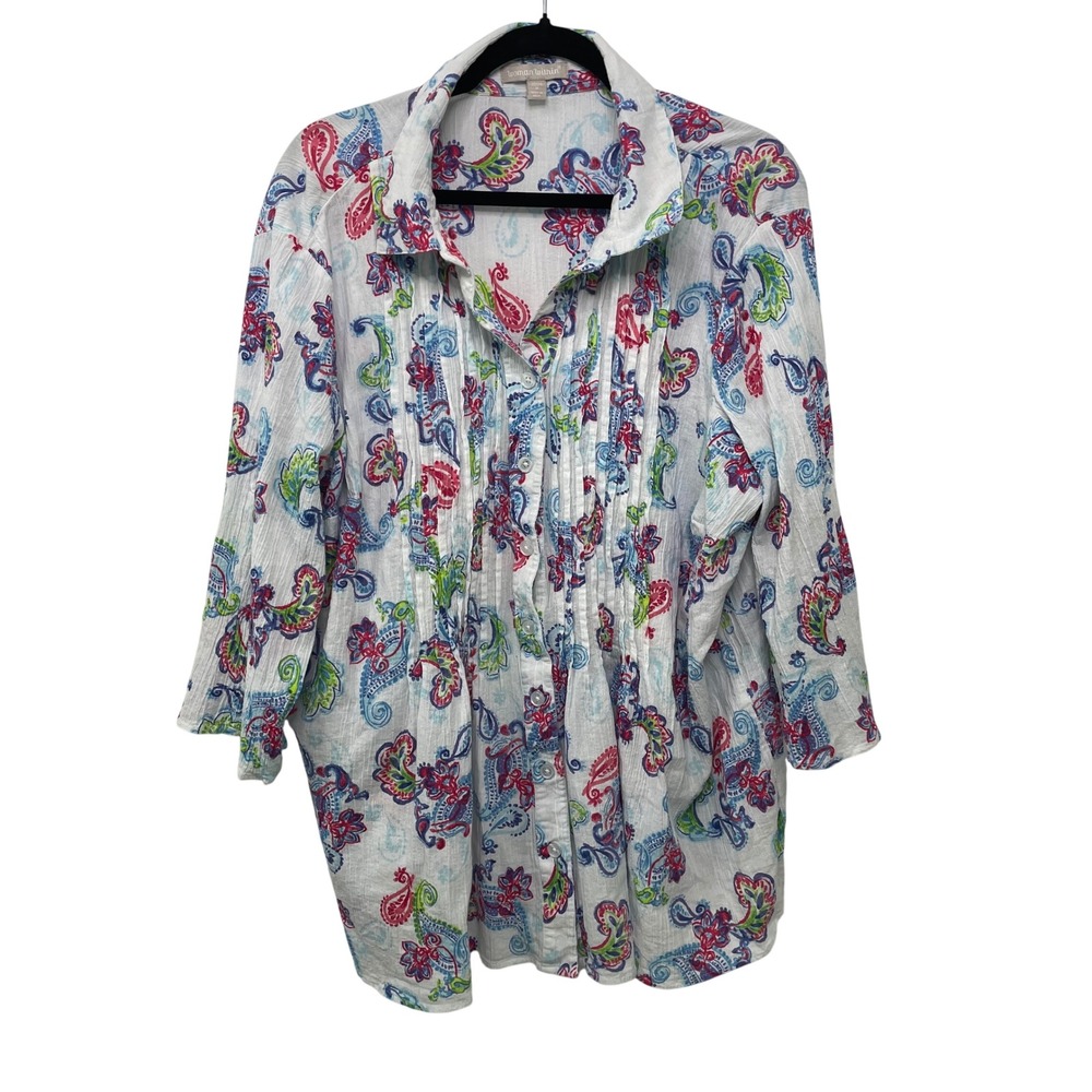 Woman Within 1X 22/24 Paisley Cotton Gauze Pintuck Tunic Blouse White Top Boho